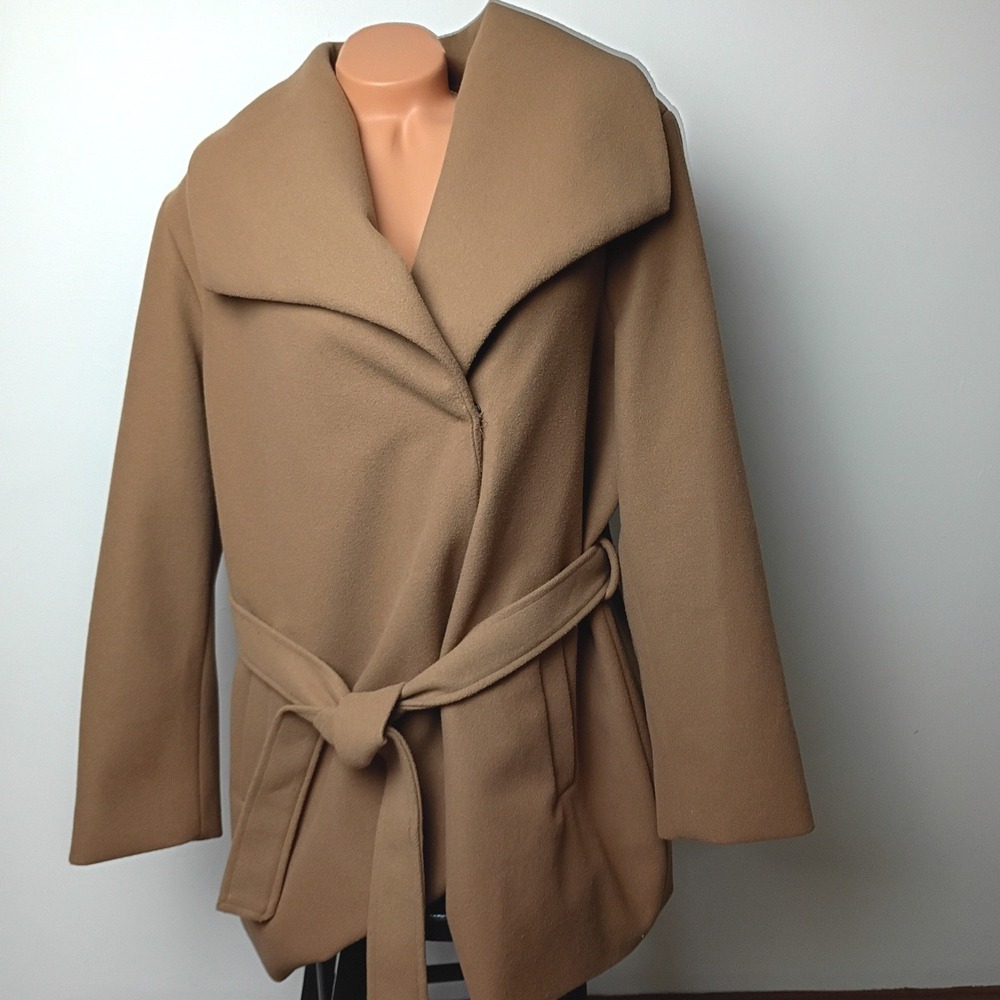 Tahari Womens Camel Tan Shawl Collar Snap Front Wrap Coat With Belt XXL